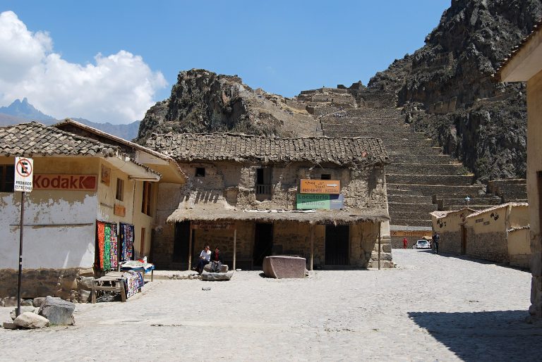 Ollantaytambo town with Inca ruins rising on the mountainside