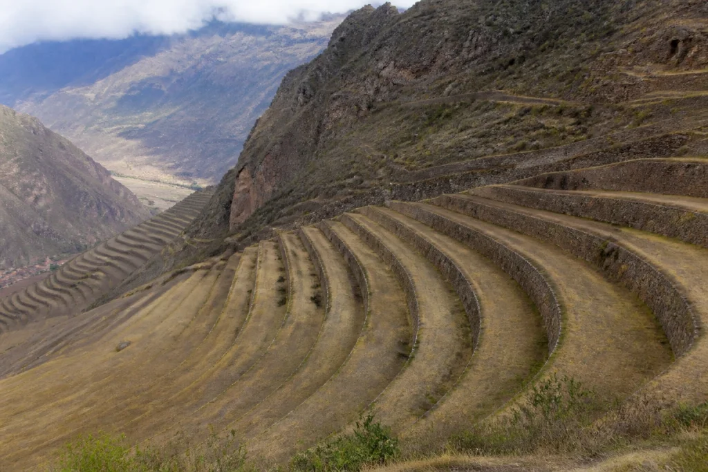 Inca terraces across the mountainside at the Pisac archaeological site