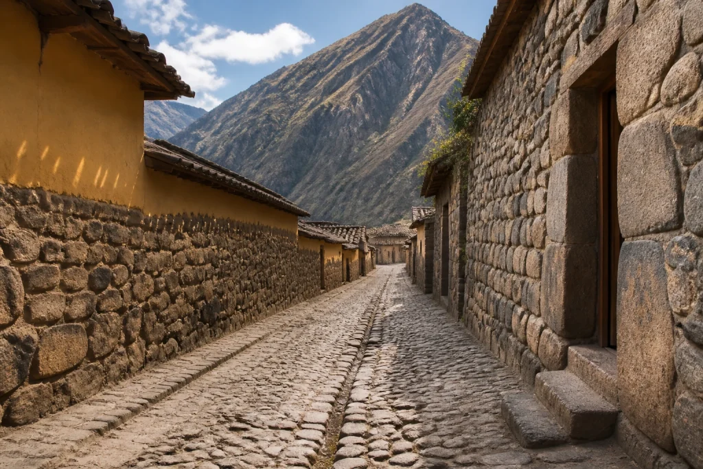 Stone street and traditional buildings in Ollantaytambo, Peru