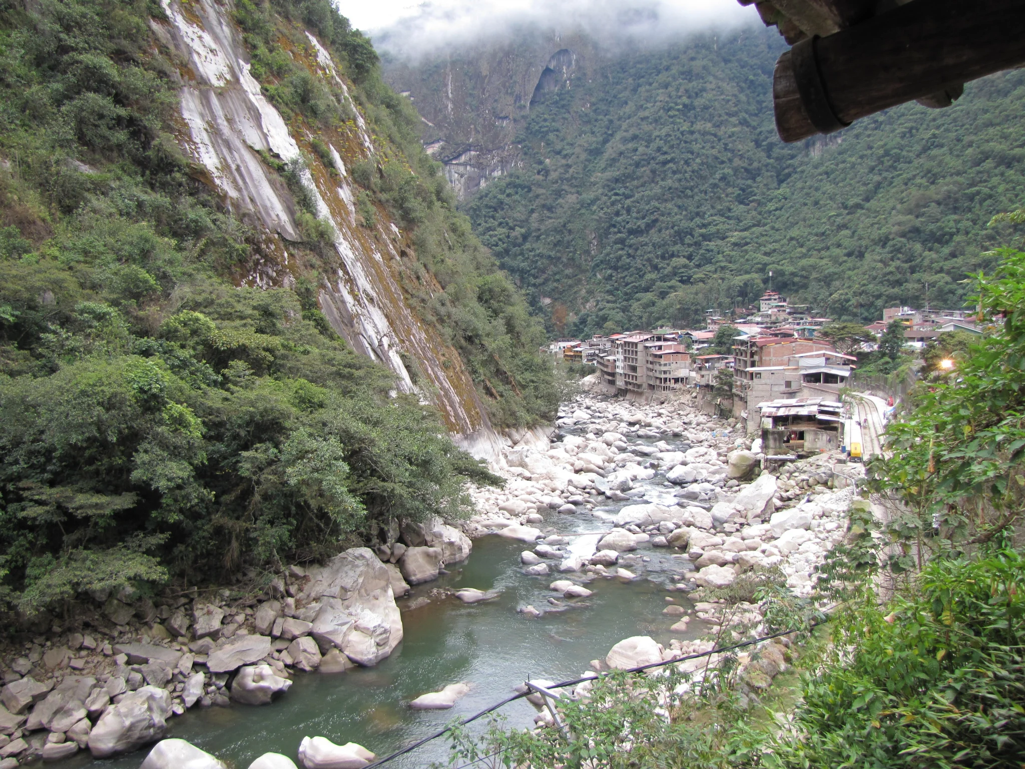 Machu Picchu Pueblo, also known as Aguas Calientes, beneath steep green Andean slopes
