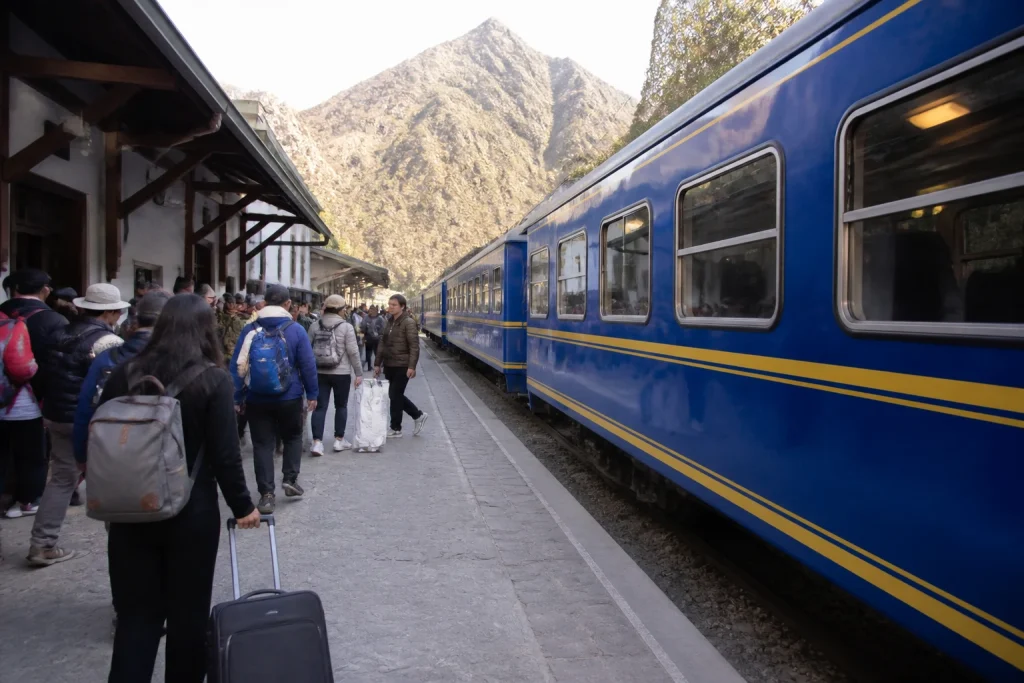 Passenger train at Ollantaytambo railway station in Peru
