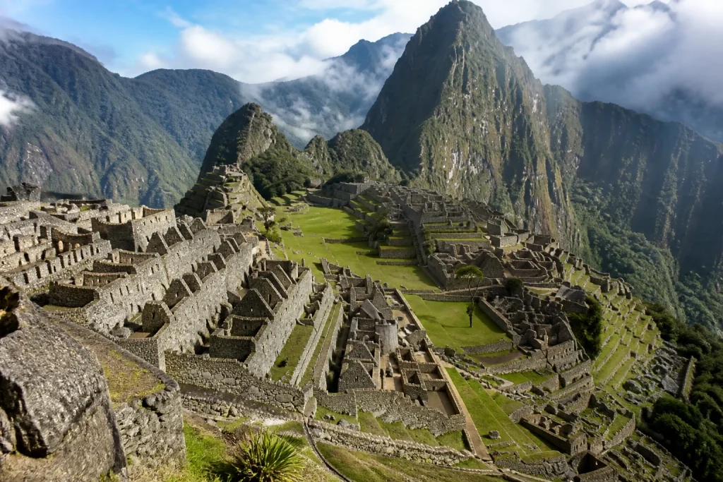 Inca stone structures and terraces at Machu Picchu in Peru