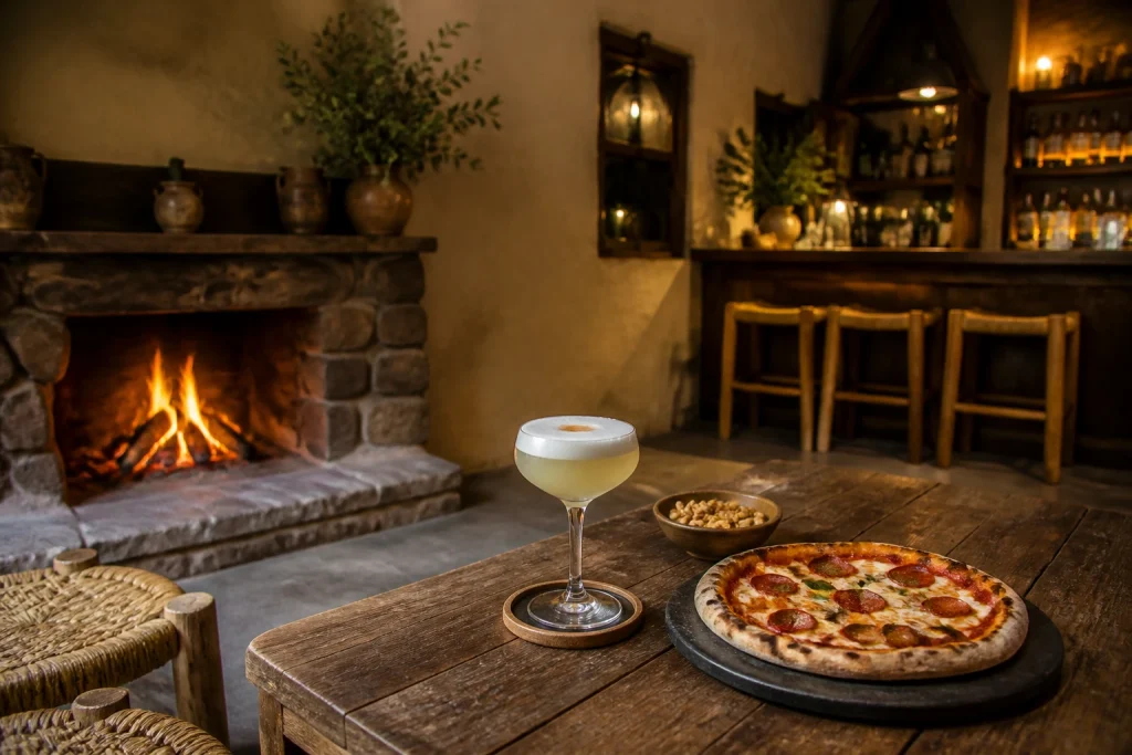 Fireplace setting with a pisco sour at Apus Bar in Yucay
