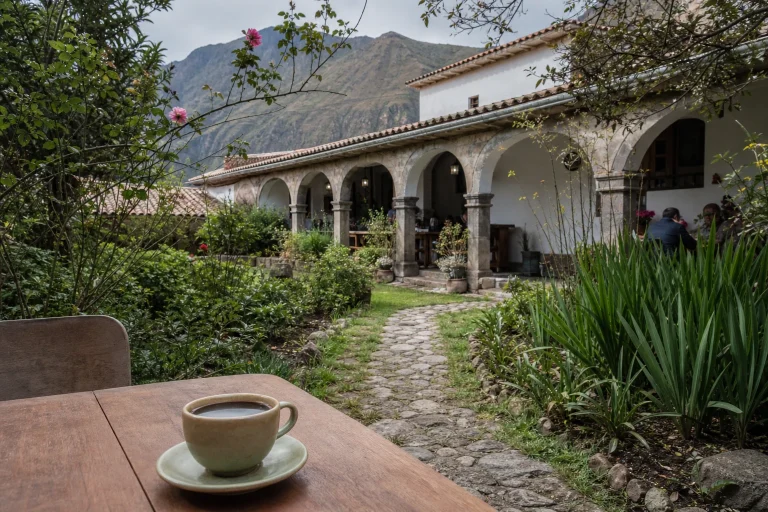 Coffee at Pisonay Coffee Roasters in Calca’s garden setting