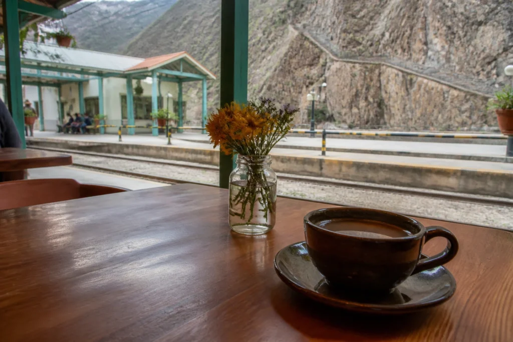 Prepared coffee at Café Mayu in Ollantaytambo train station