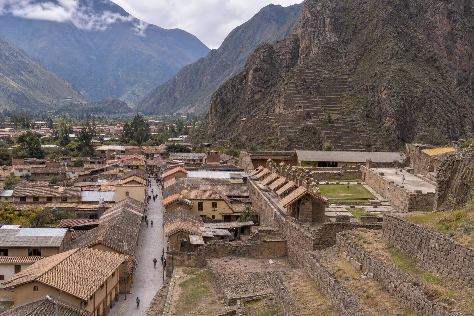 Ollantaytambo town beneath steep mountains in Peru's Sacred Valley