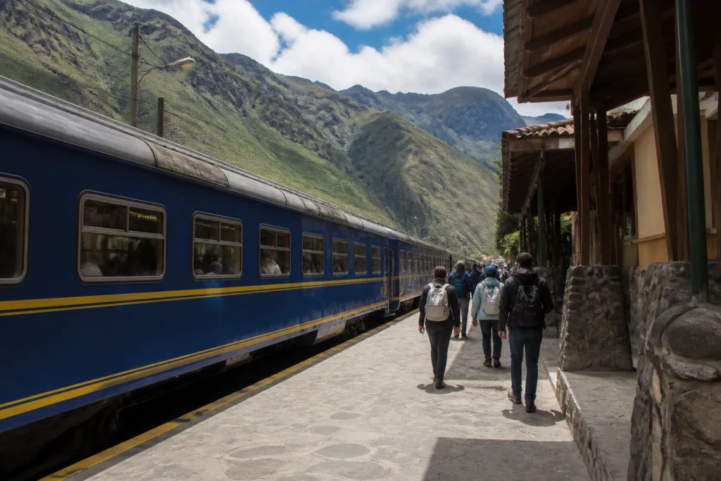 Passenger train at Ollantaytambo Train Station in the Sacred Valley