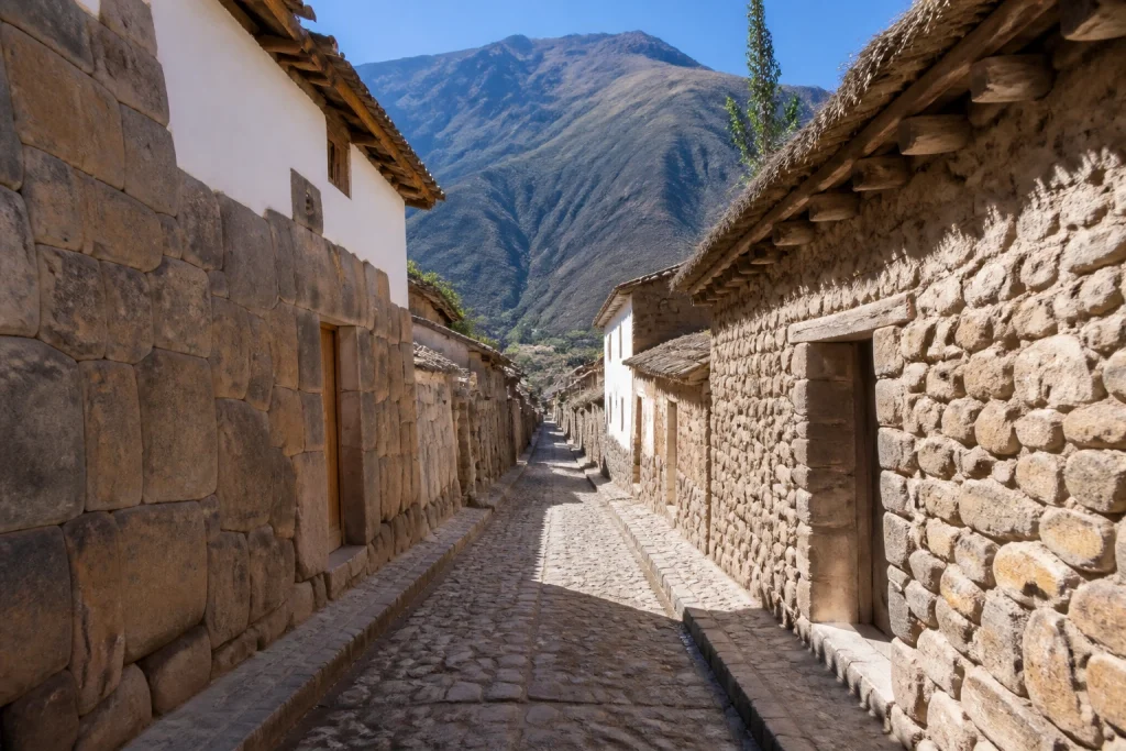 Historic stone street and traditional buildings in Ollantaytambo