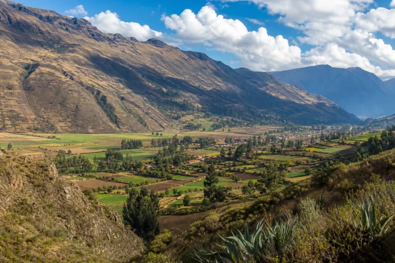 Cultivated landscape and Andean mountains in Peru's Sacred Valley