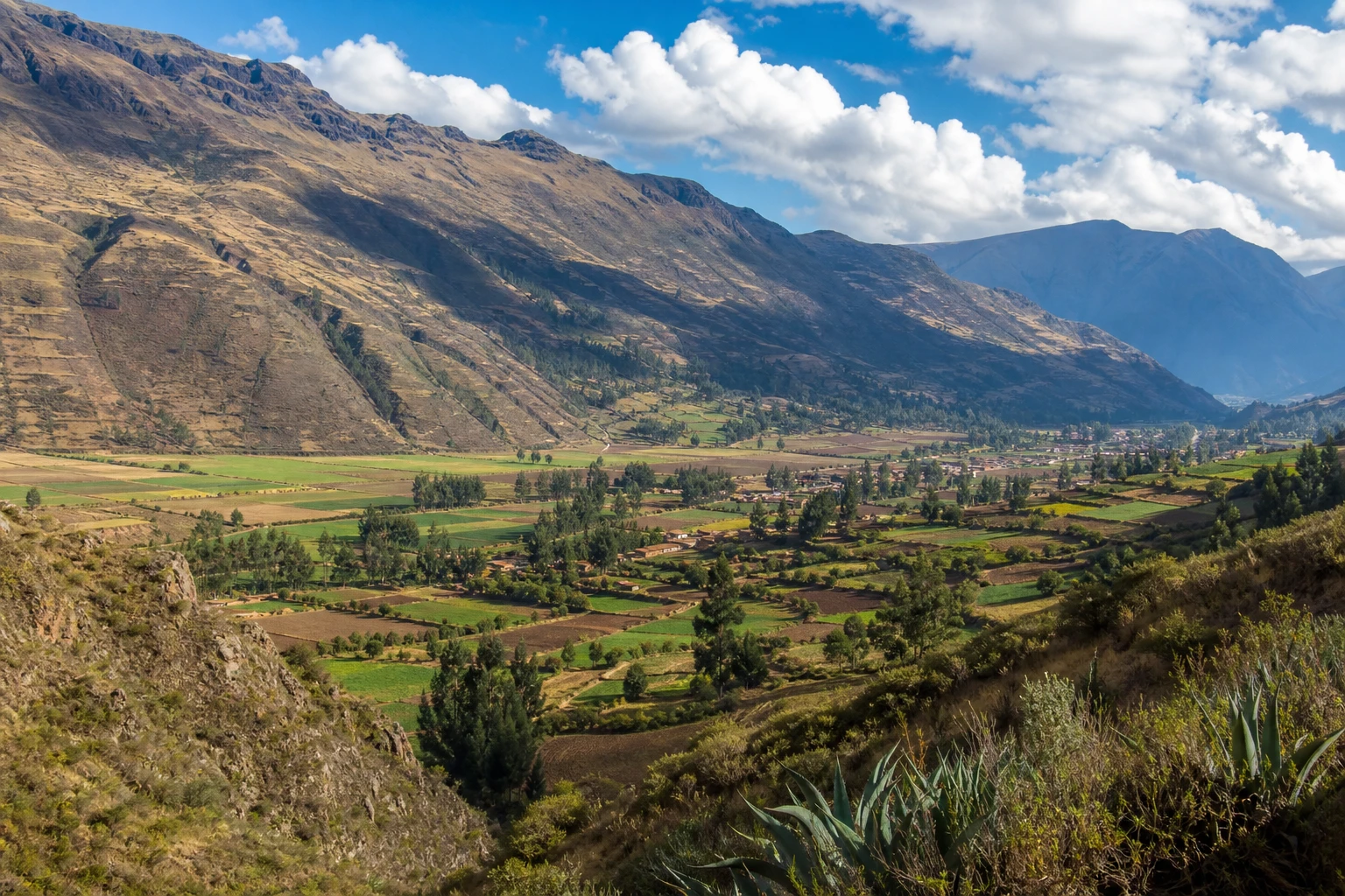 Cultivated landscape and Andean mountains in Peru's Sacred Valley