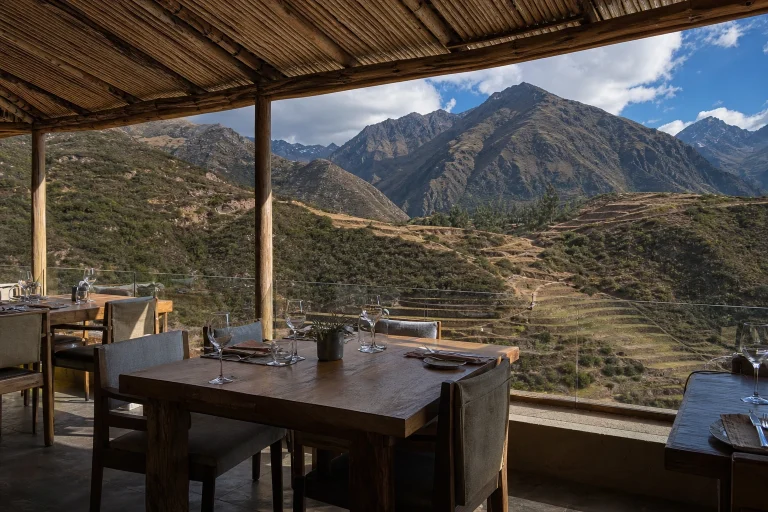 Dining room at Mil overlooking the high-Andean landscape near Moray