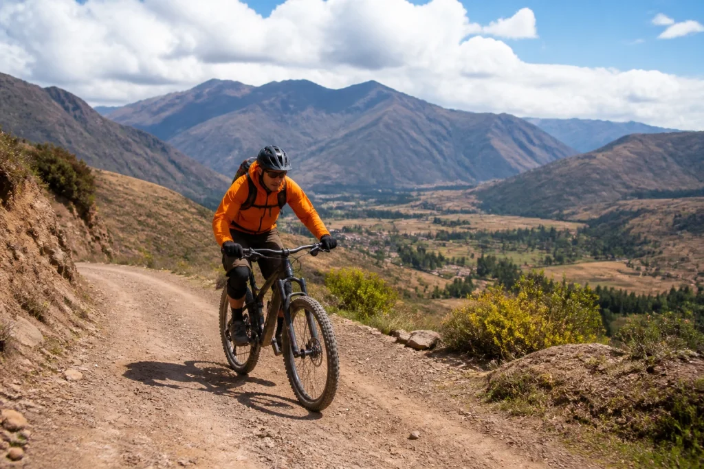 Helmeted mountain biker on an unpaved road near Maras in the Sacred Valley