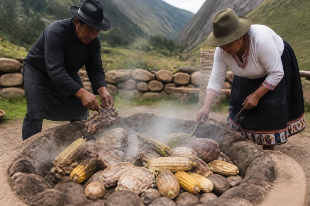 Meat, corn, and native potatoes cooking with hot stones in the Sacred Valley