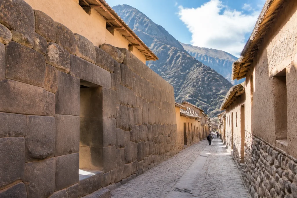 Historic stone street and adobe buildings in Ollantaytambo