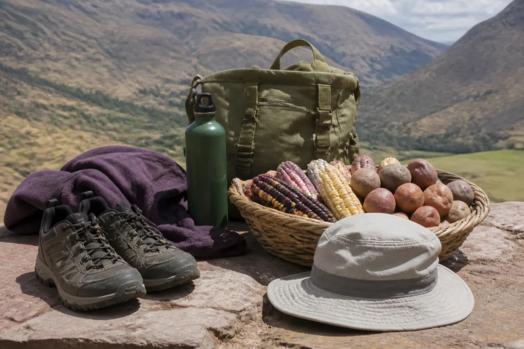 Practical day bag and walking gear beside Andean corn and potatoes