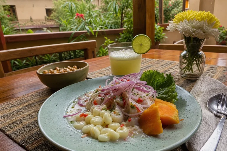 Plated Peruvian meal at El Huacatay restaurant in Urubamba