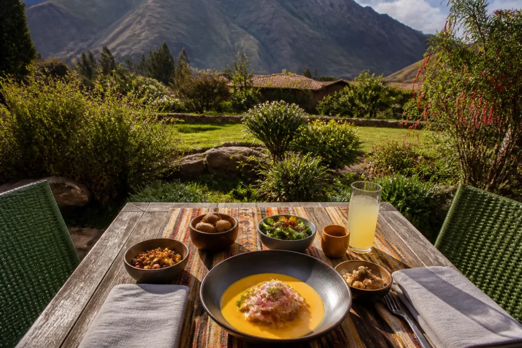 Garden-view lunch setting at Tres Keros near Urubamba