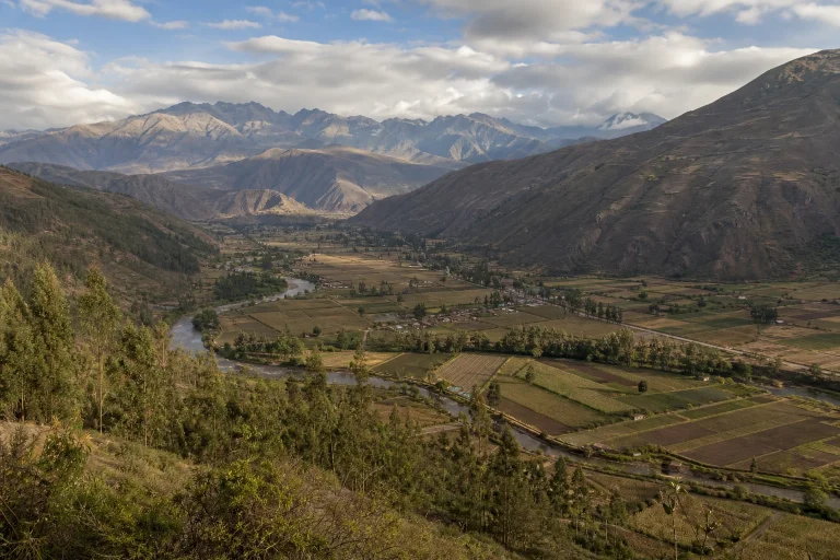 Andean mountains and cultivated fields across Peru's Sacred Valley