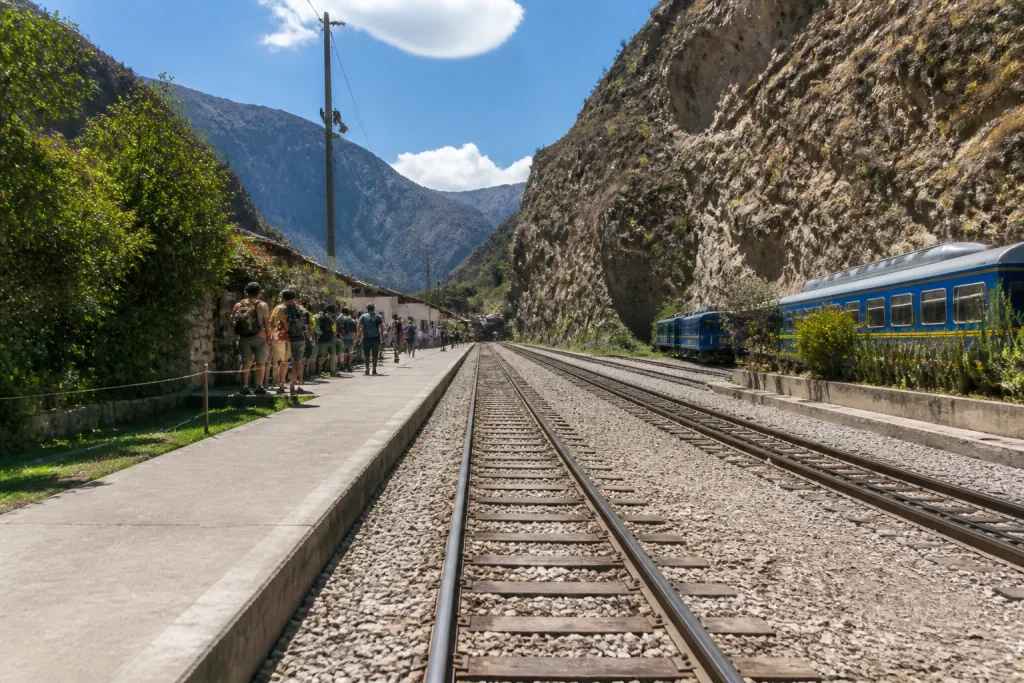 Railway tracks and Andean mountains at Ollantaytambo station