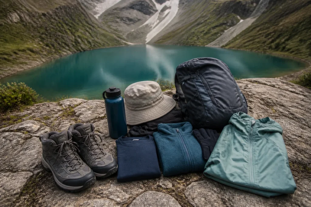 Day-hiking clothing and equipment prepared for a Humantay Lake excursion