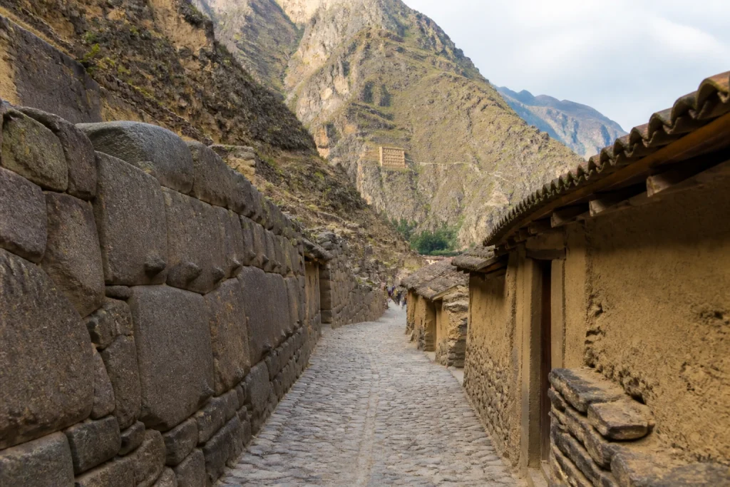 Inca stone walls and mountain scenery in Ollantaytambo