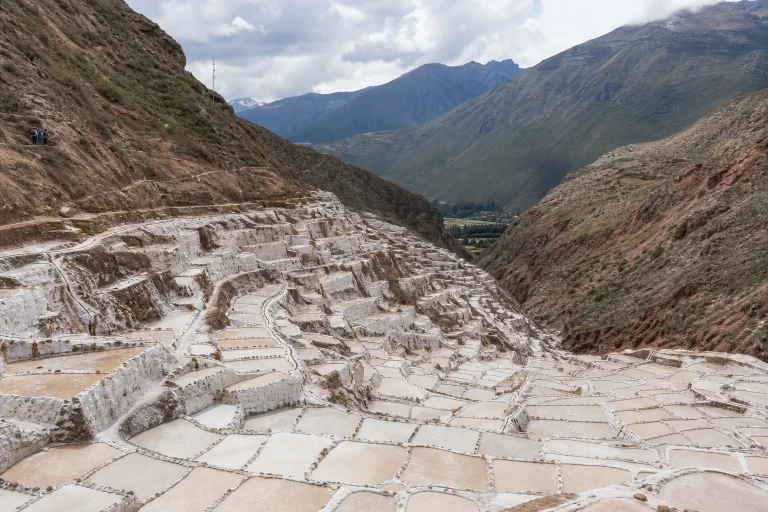 Wide view of the geometric salt ponds at Salineras de Maras in Peru’s Sacred Valley.
