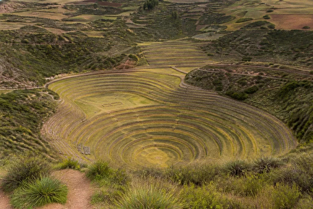 Moray terrace complex in its rural Sacred Valley setting