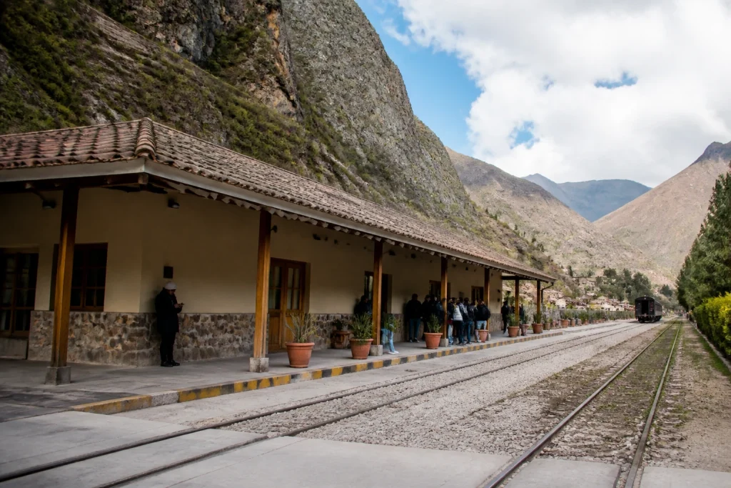 Rail tracks and exterior of Ollantaytambo Station in the Sacred Valley