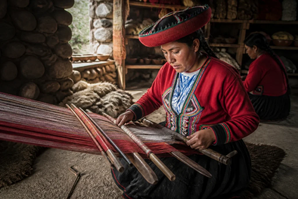 Andean textile weaving activity in a sheltered Sacred Valley workspace