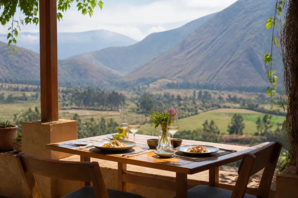 Table for two at a relaxed lunch setting in Urubamba