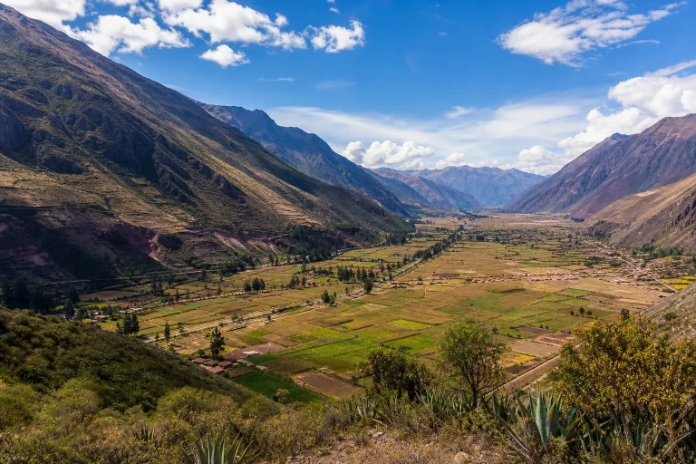 Cultivated fields and Andean mountains in Peru's Sacred Valley