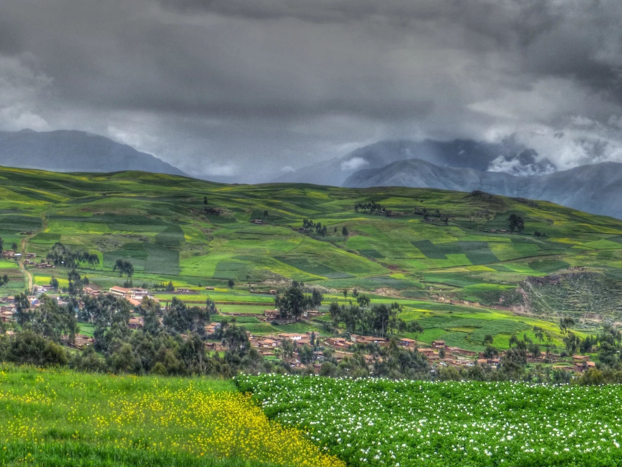 Wide view of the Sacred Valley’s agricultural valley floor and Andean mountains.