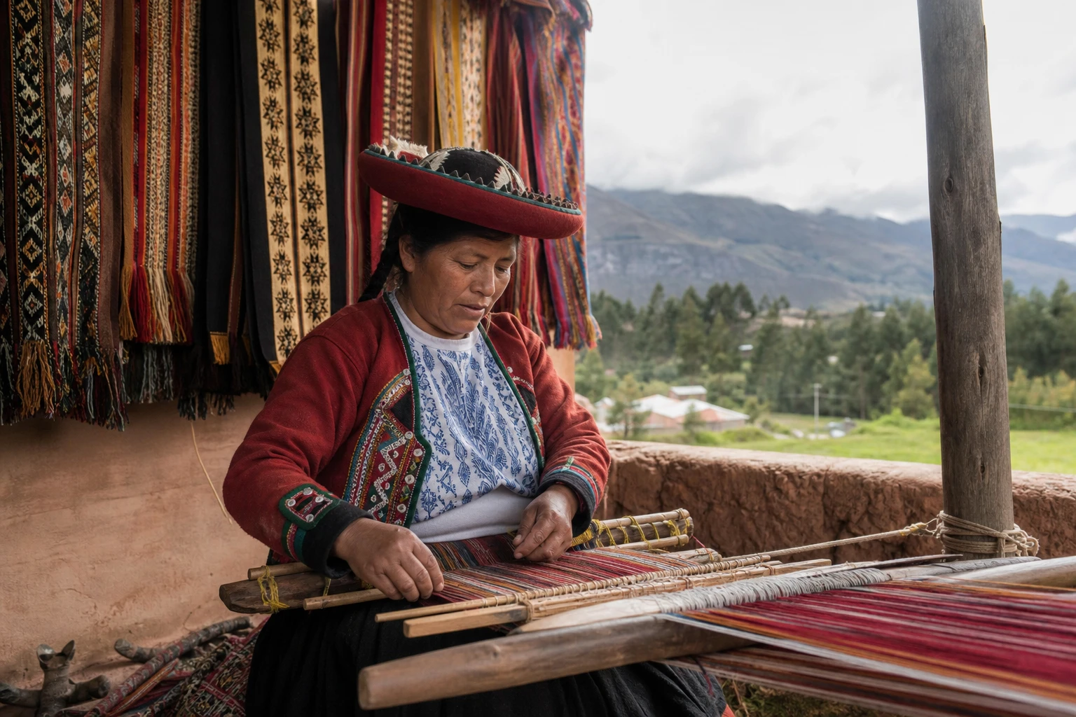 Andean textile artisan weaving colorful fabric in Chinchero in the Sacred Valley