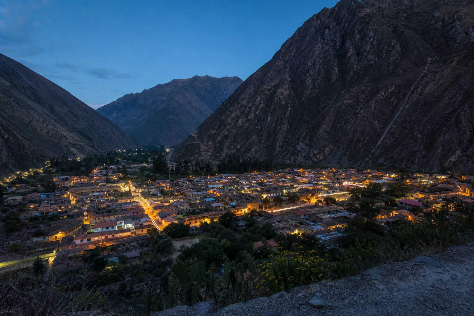 Ollantaytambo townscape in the Sacred Valley at blue hour