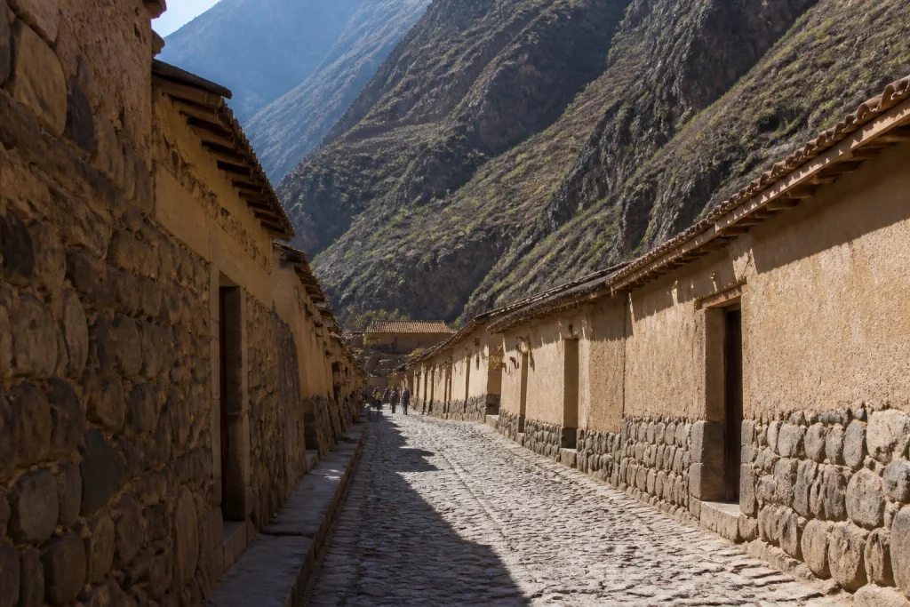 Historic stone streets and mountain setting in Ollantaytambo