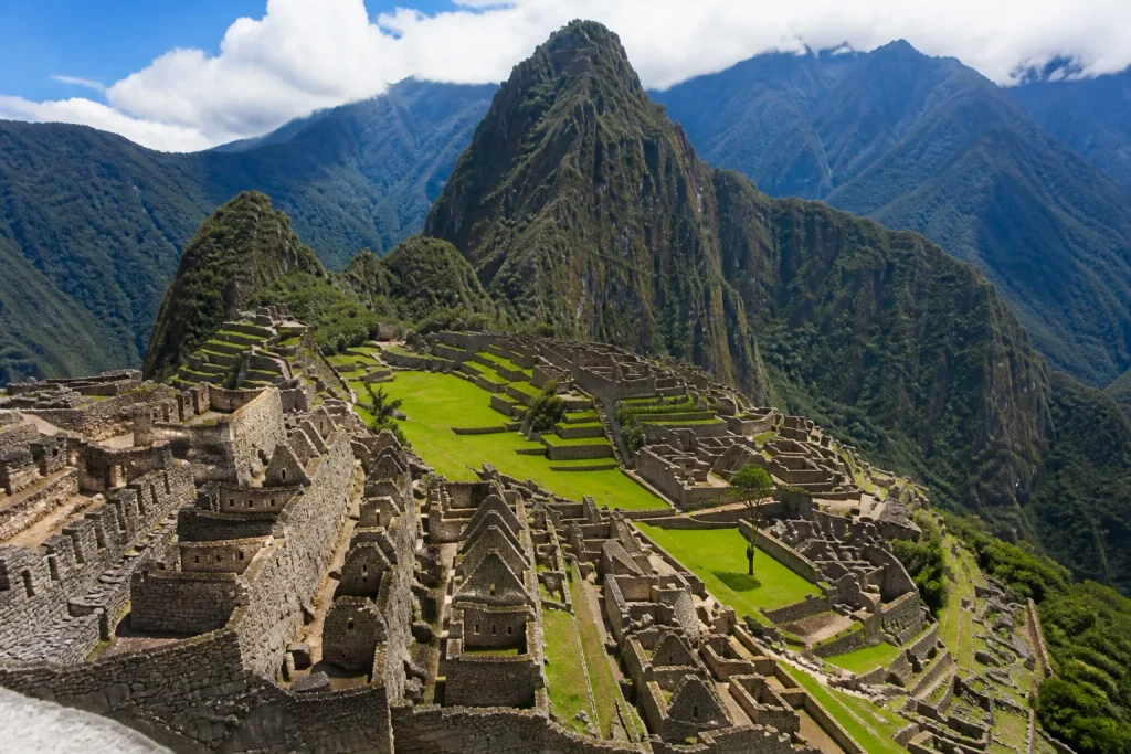 Machu Picchu stone structures and terraces in their mountain setting