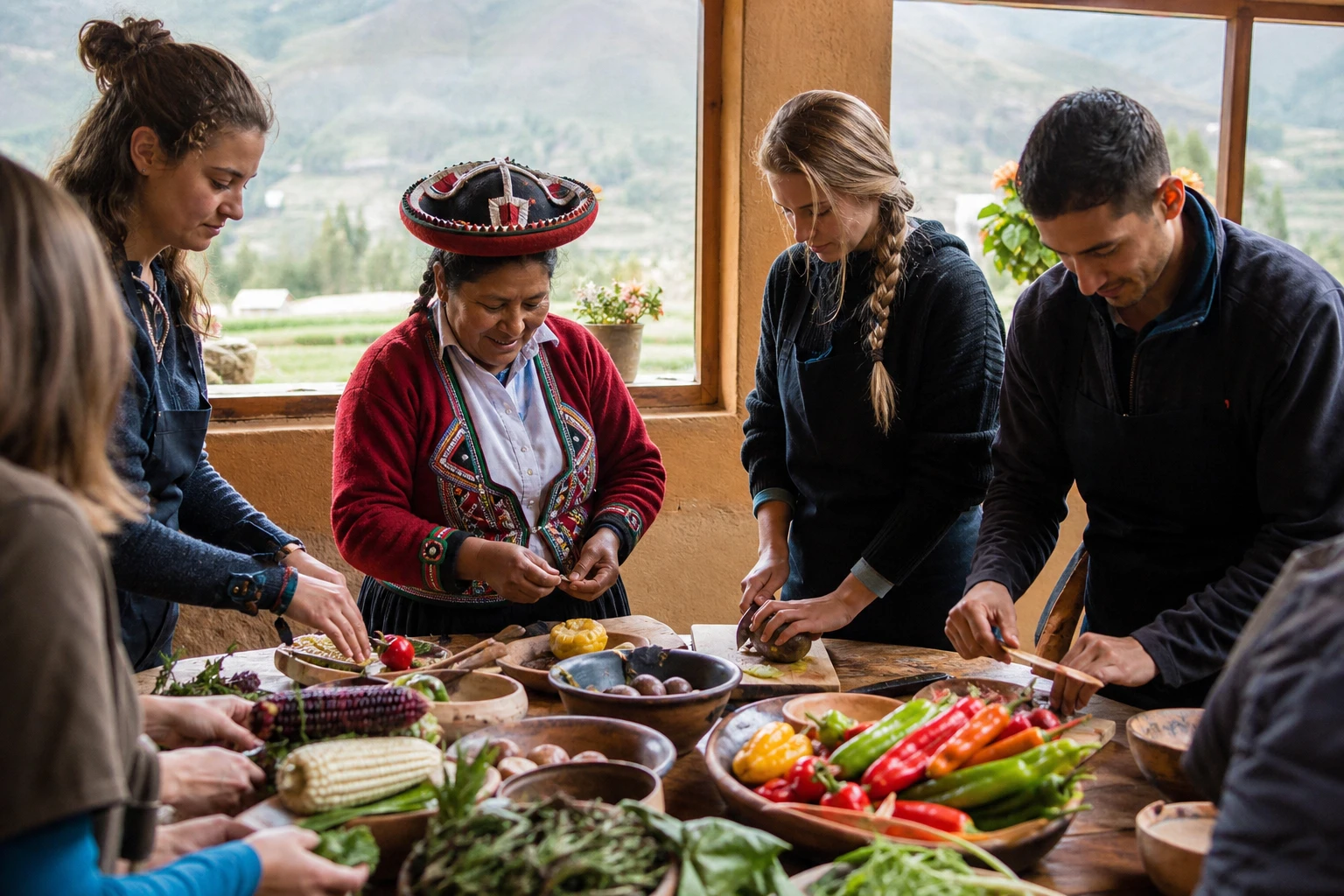 Participants preparing Andean ingredients during a Sacred Valley cooking class.