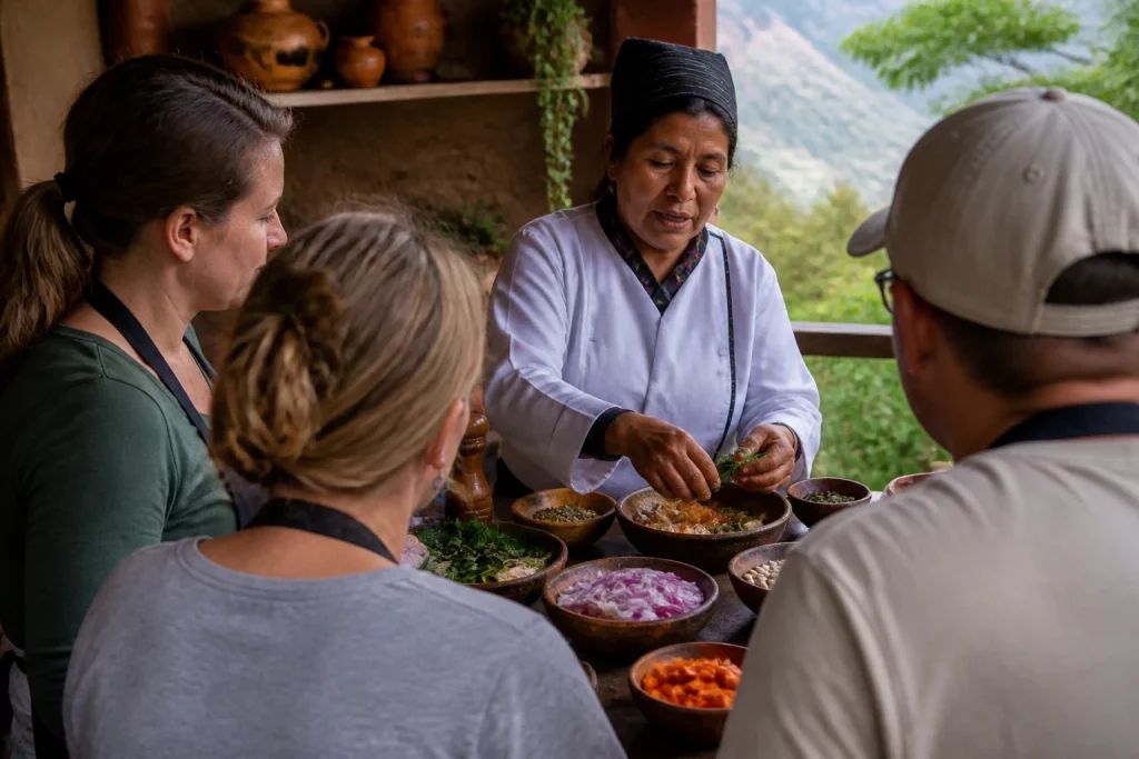 Small-group cooking instruction in Ollantaytambo.