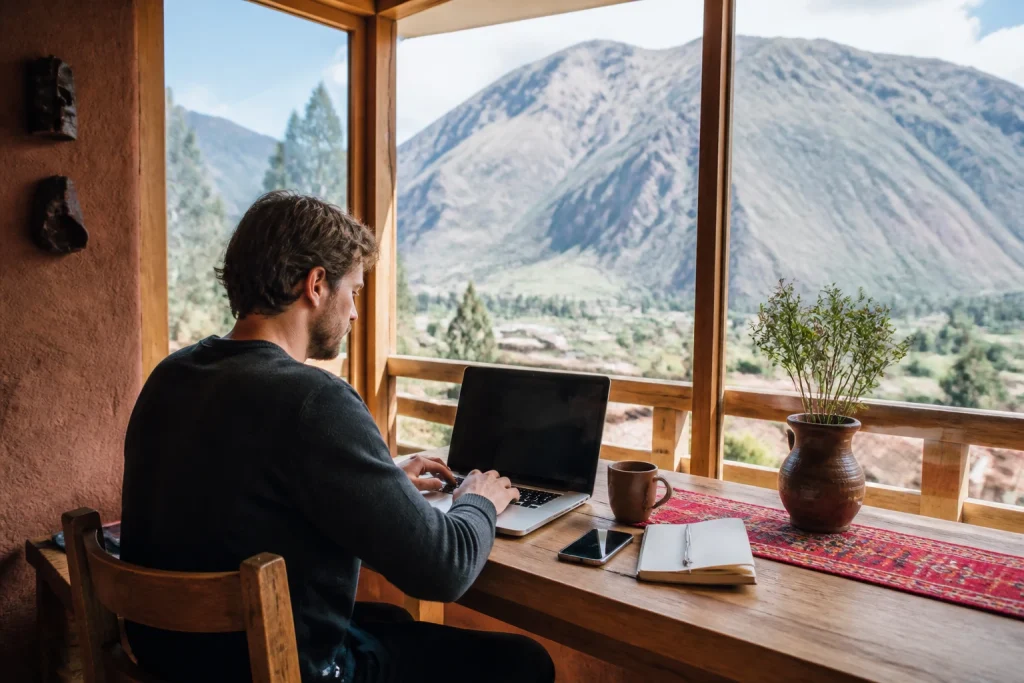 Remote worker using a laptop at accommodation in Urubamba in the Sacred Valley