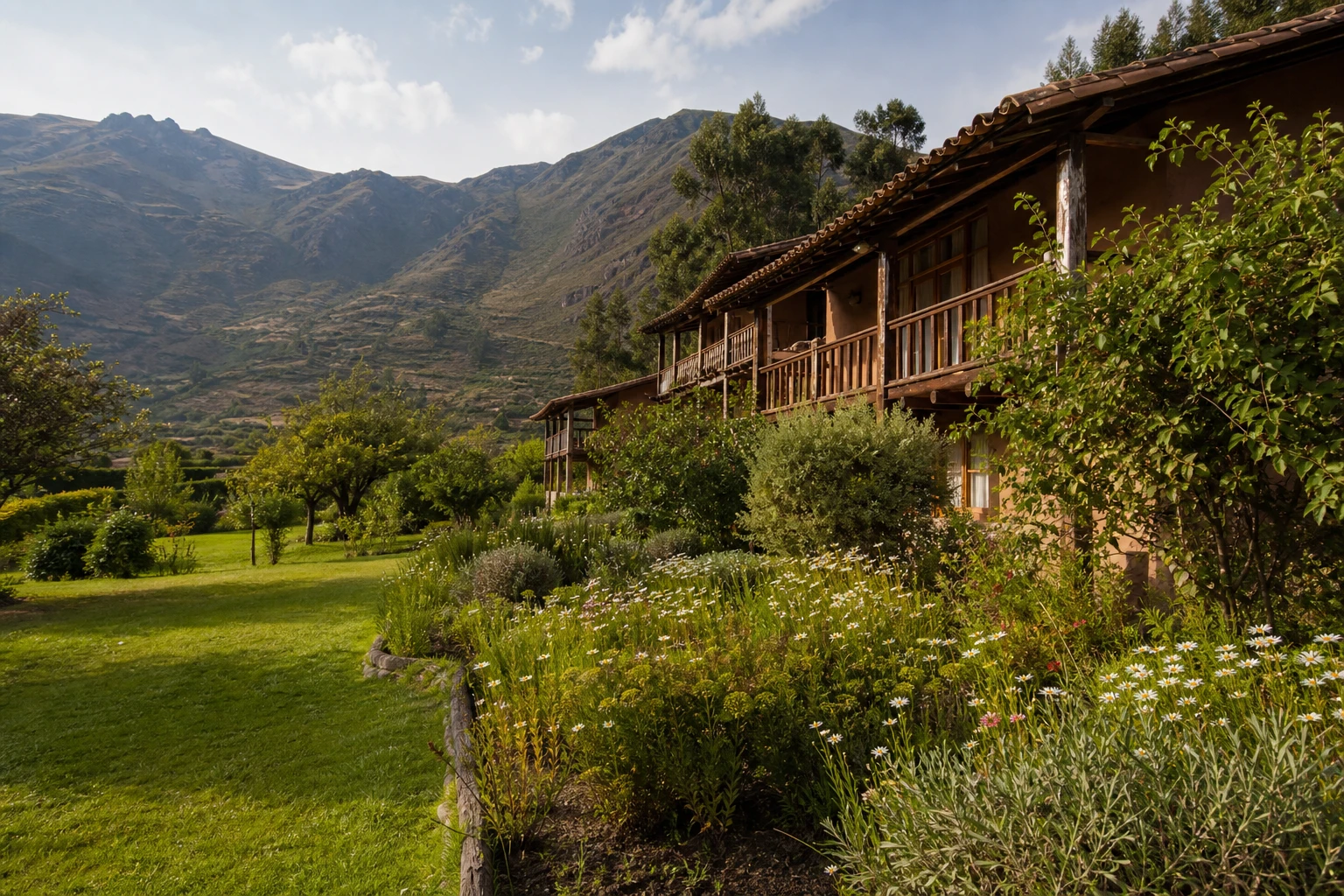 Las Qolqas Eco Lodge in a garden setting near Ollantaytambo in the Sacred Valley.