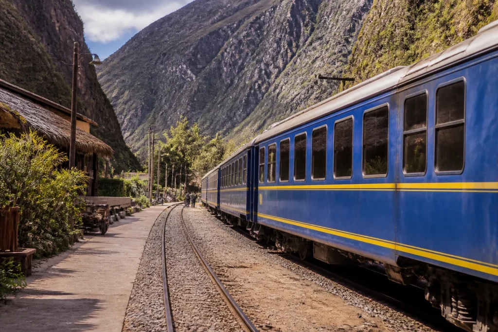 Railway platform and tracks at Ollantaytambo station in the Sacred Valley.