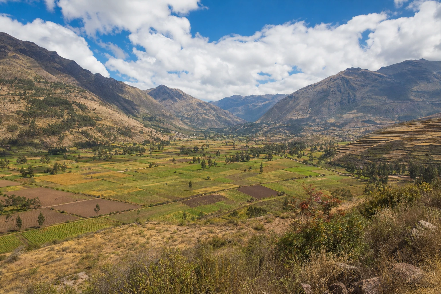 Broad mountain and valley landscape in Peru’s Sacred Valley