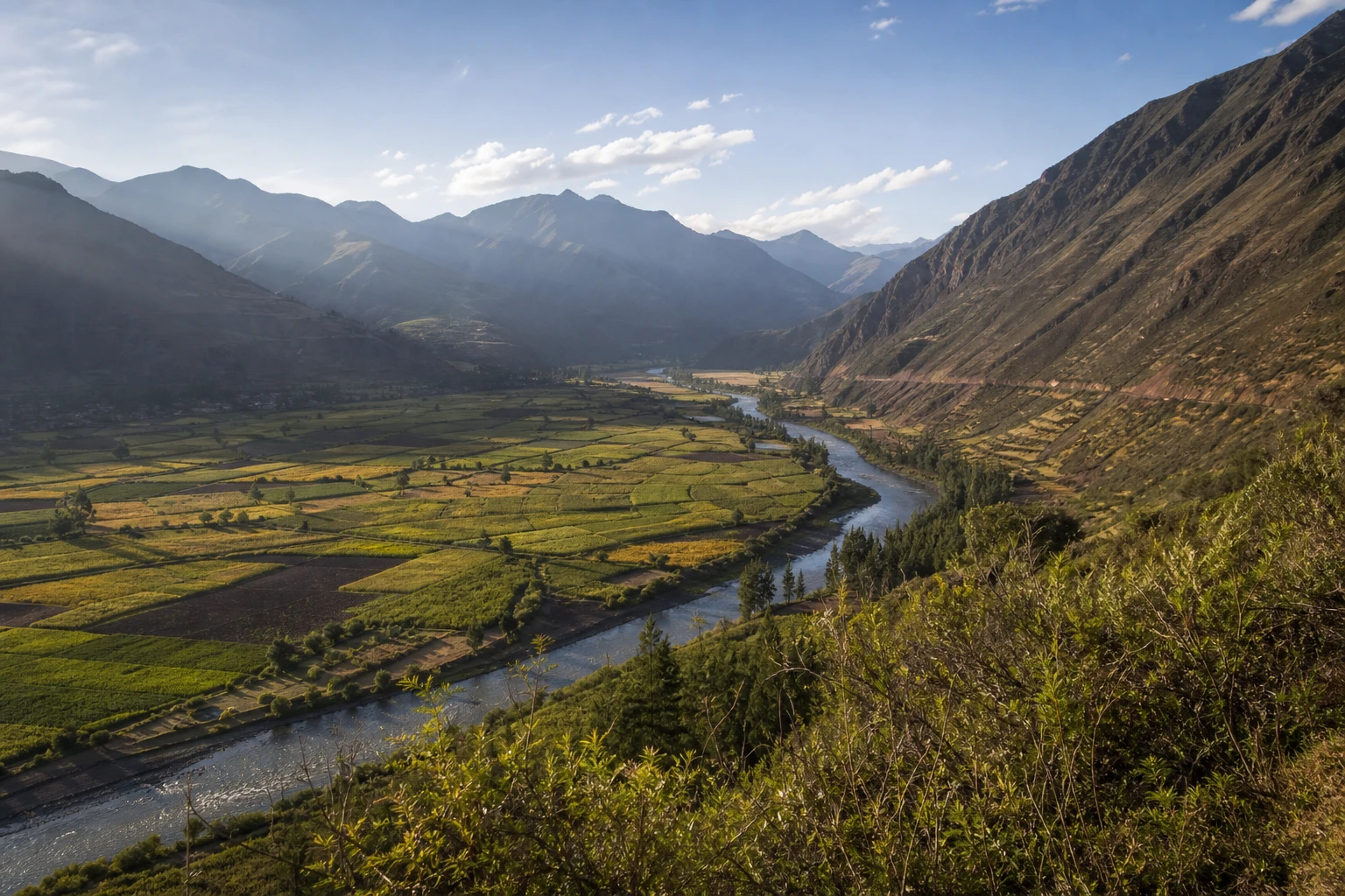 Wide view of Peru’s Sacred Valley and surrounding Andean mountains