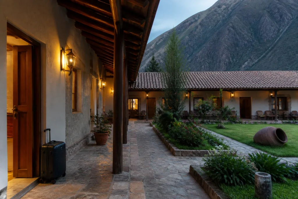 A calm early-evening hotel arrival scene in Peru’s Sacred Valley