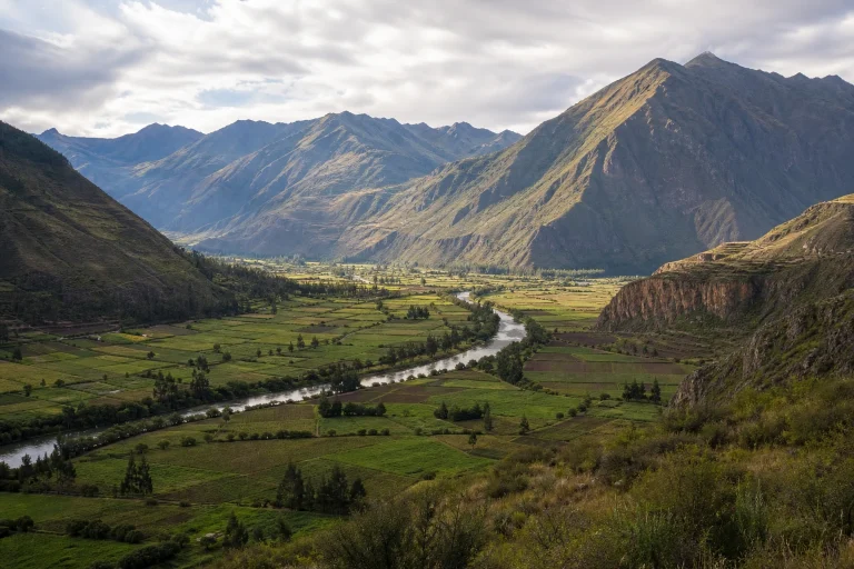 Broad view across the Sacred Valley and surrounding Andean mountains in Peru