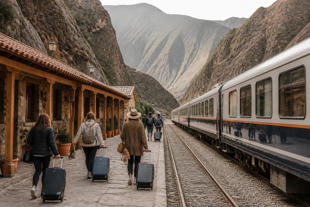 Travelers at Ollantaytambo railway station in the Sacred Valley