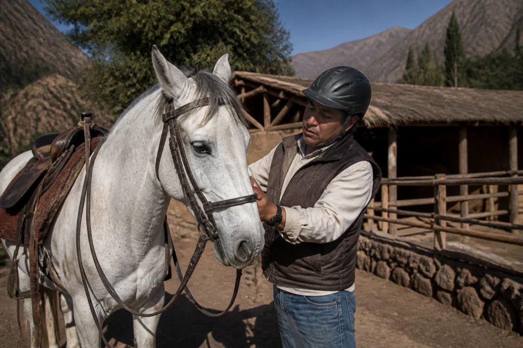 Guide preparing a saddled horse for a Sacred Valley ride
