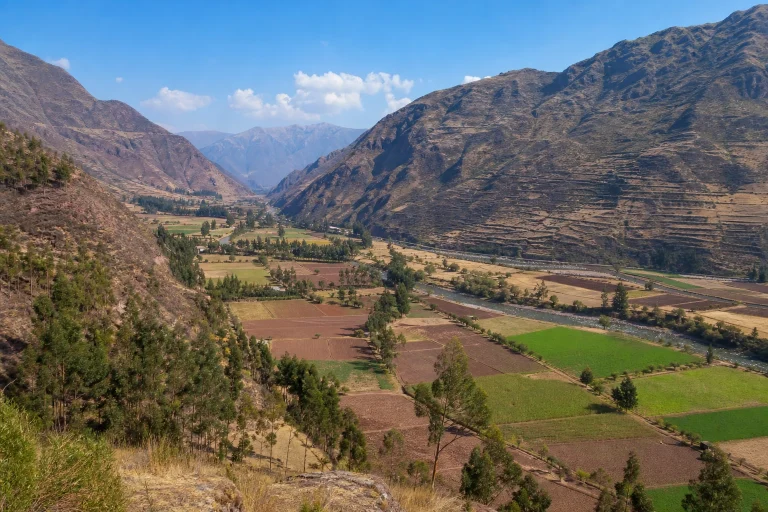Broad mountain and valley landscape in Peru's Sacred Valley