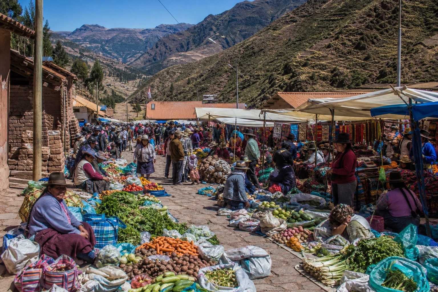 Sunday market stalls with produce and textiles at Písac Market in the Sacred Valley