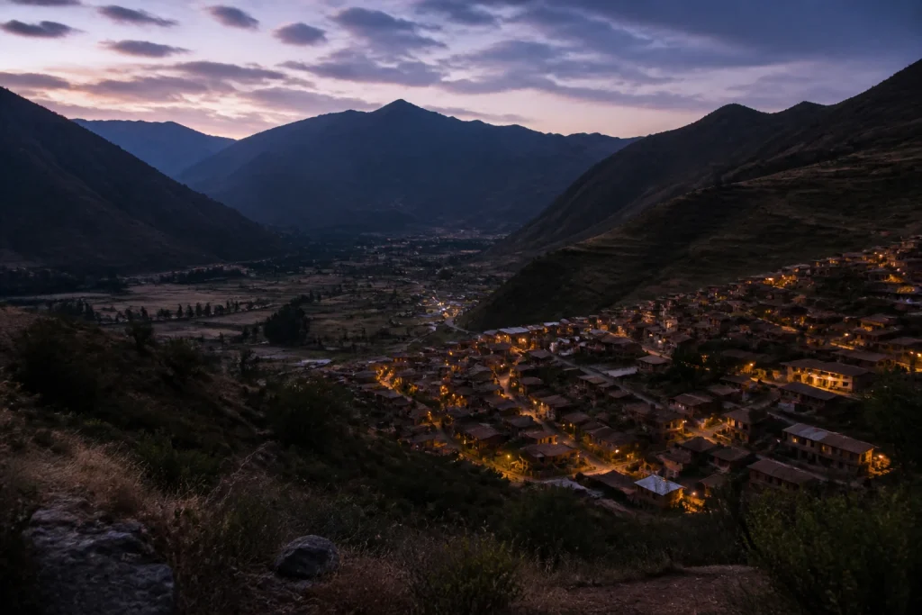 Sacred Valley mountain landscape at twilight in Peru.